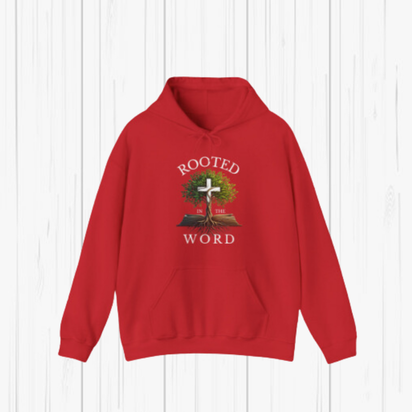 Rooted in the Word Hoodie (White Text)