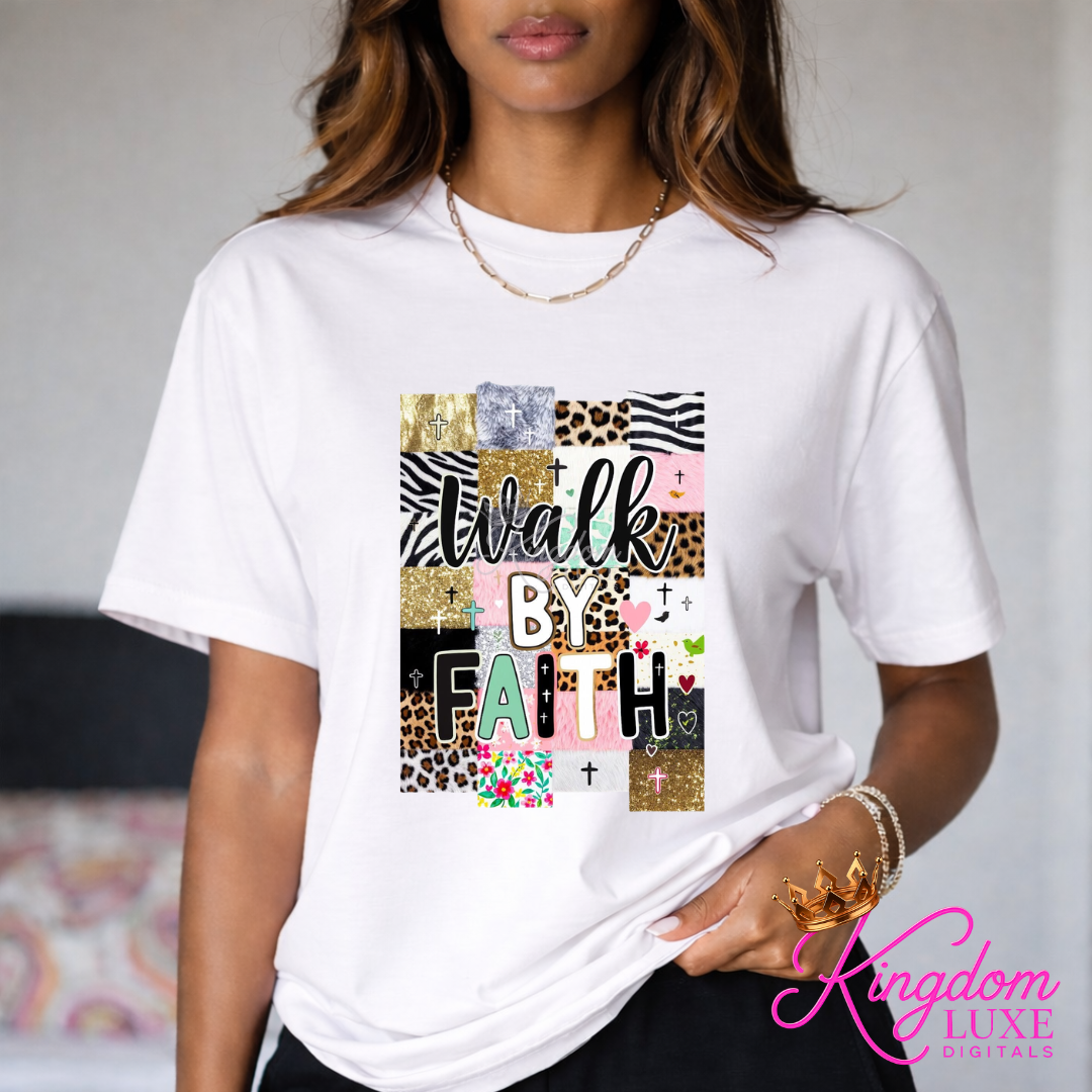 Walk By Faith Christian Graphic Tee | Faith Based Leopard Patchwork Shirt | Inspirational Boutique T-Shirt for Women