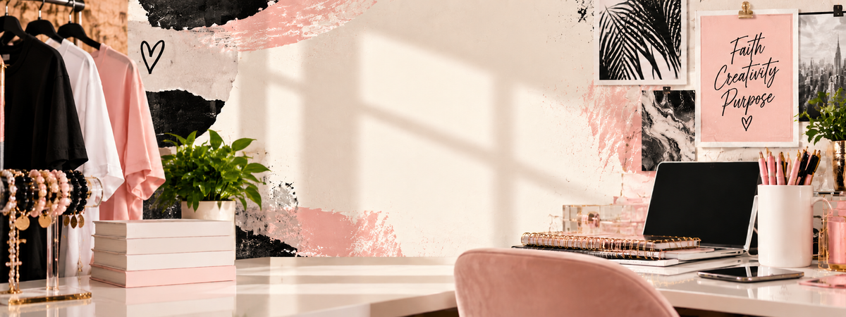 Creative Kingdom Luxe Digitals workspace with apparel, books, laptop, and pink branding