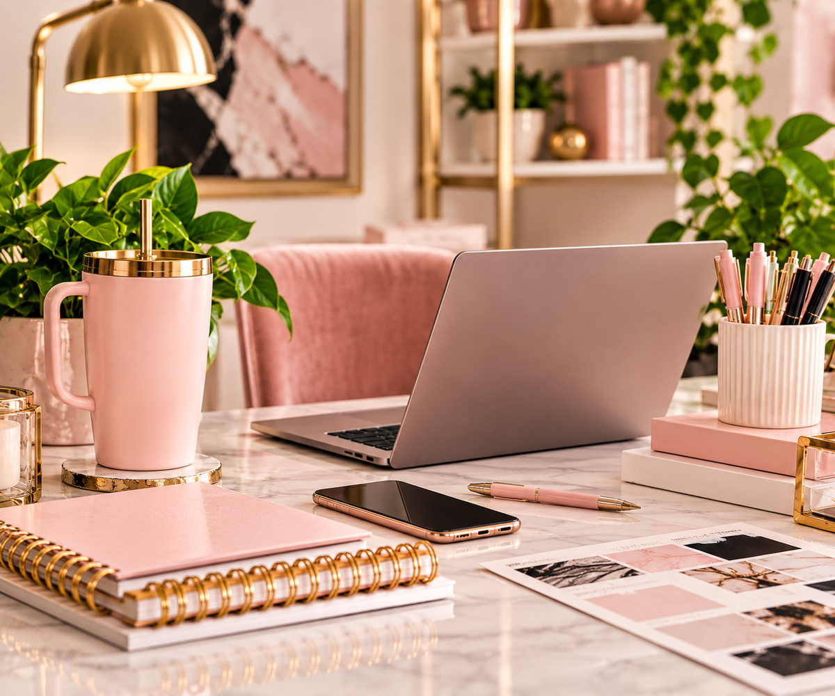 Branding and business workspace with laptop, planner, and creative materials