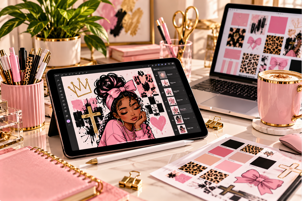 Digital design workspace with tablet, stylus, laptop, and creative graphics in Kingdom Luxe Digitals pink, black, and gold style.