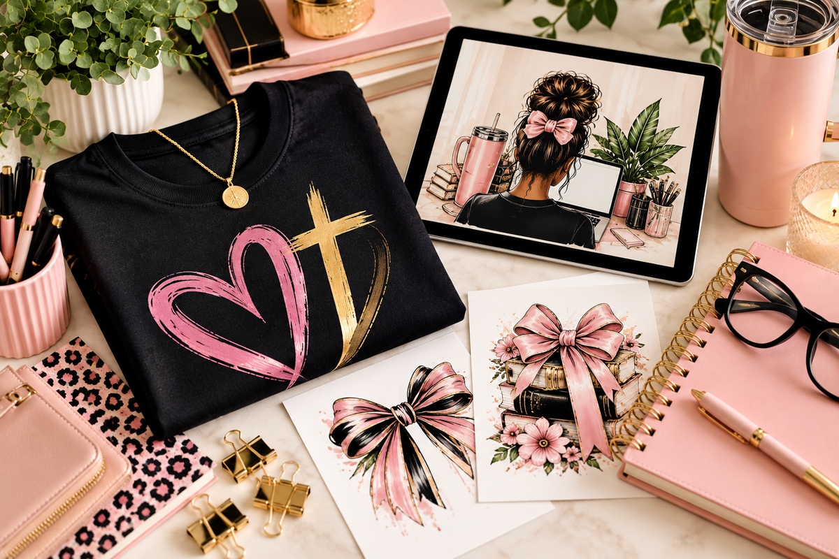 Curated Kingdom Luxe creative workspace with faith-inspired apparel and digital design elements