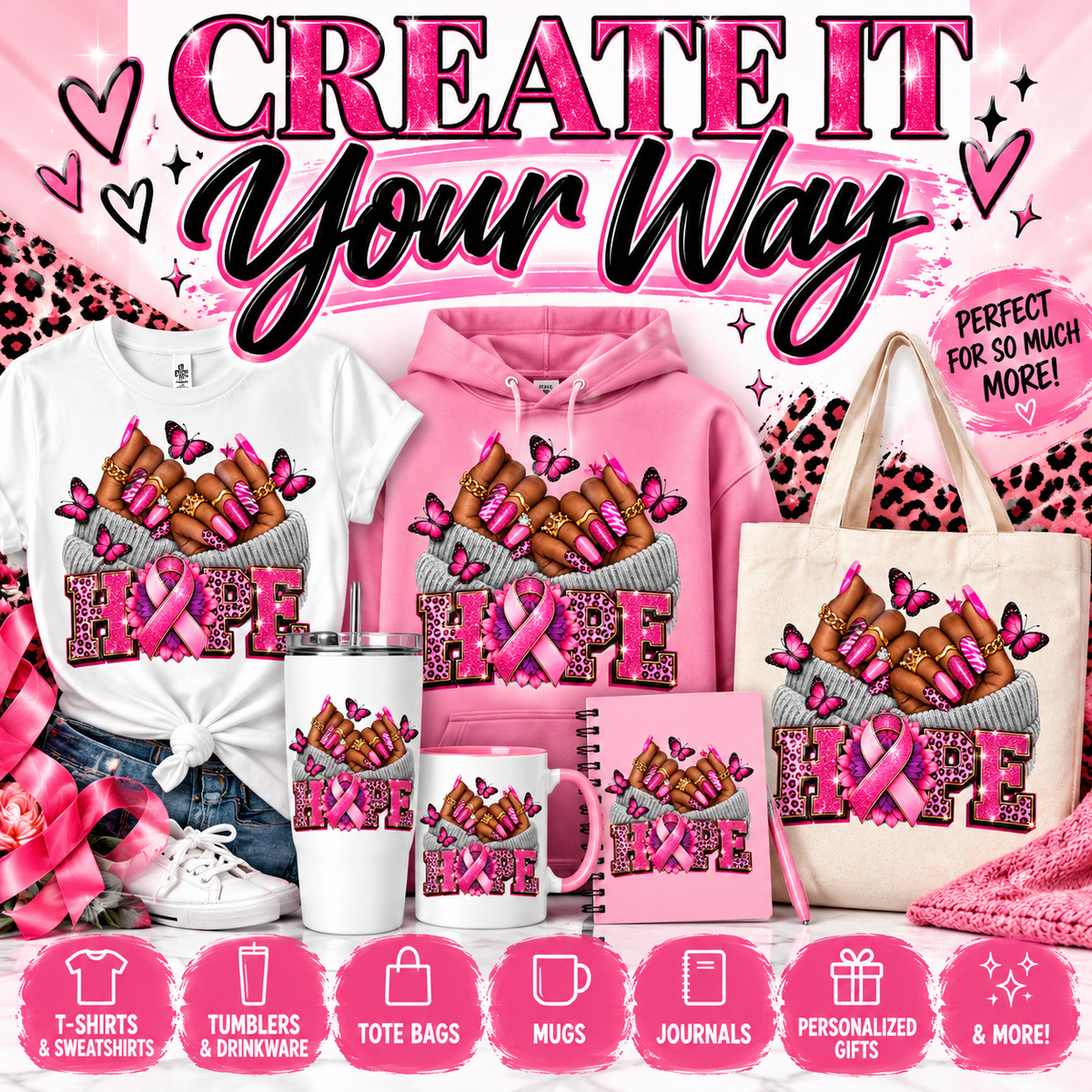 Breast Cancer Awareness HOPE PNG | Pink Ribbon Leopard Print Digital Design