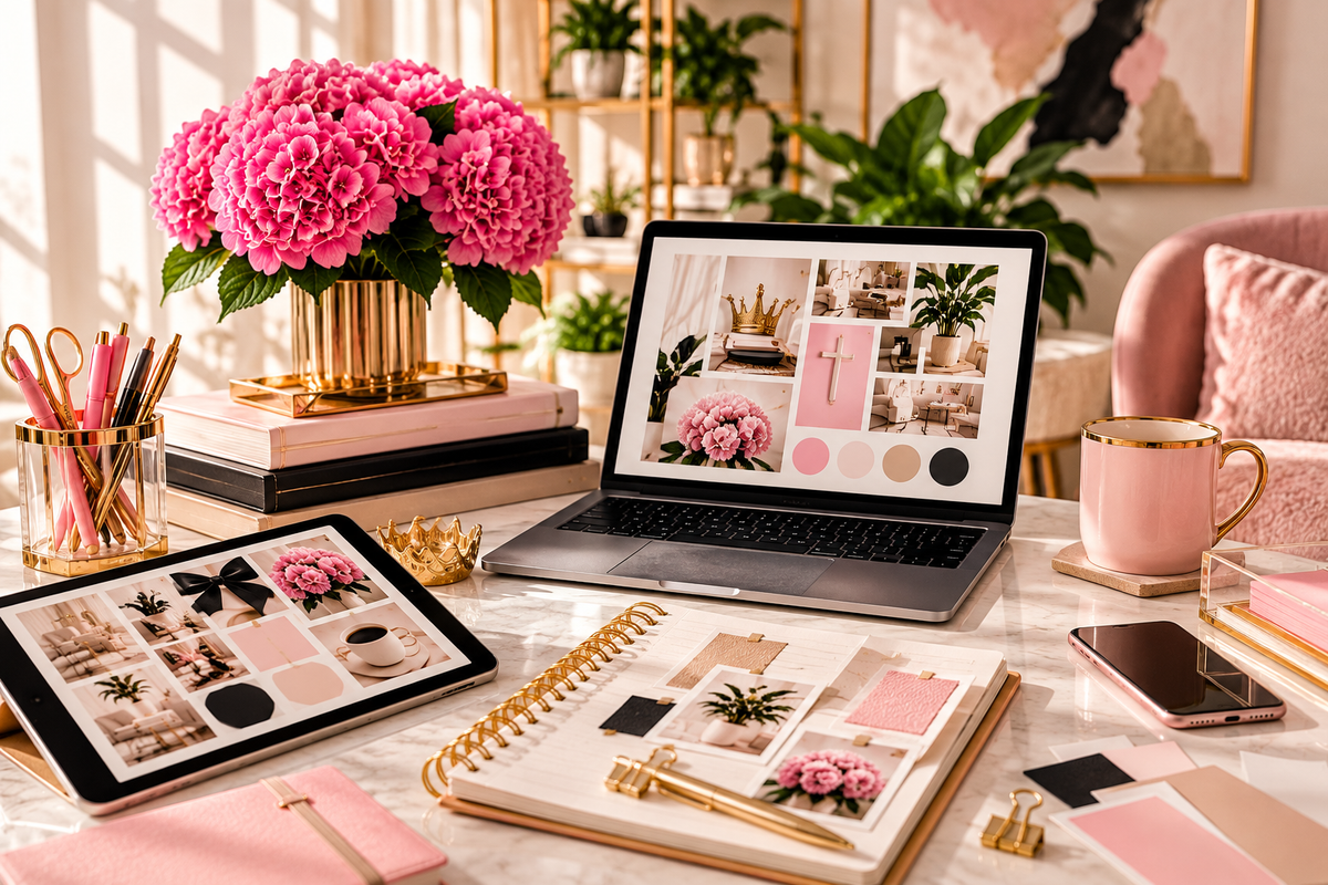 Creative branding workspace with laptop, tablet, mood boards, and planning materials for Kingdom Luxe creative services.