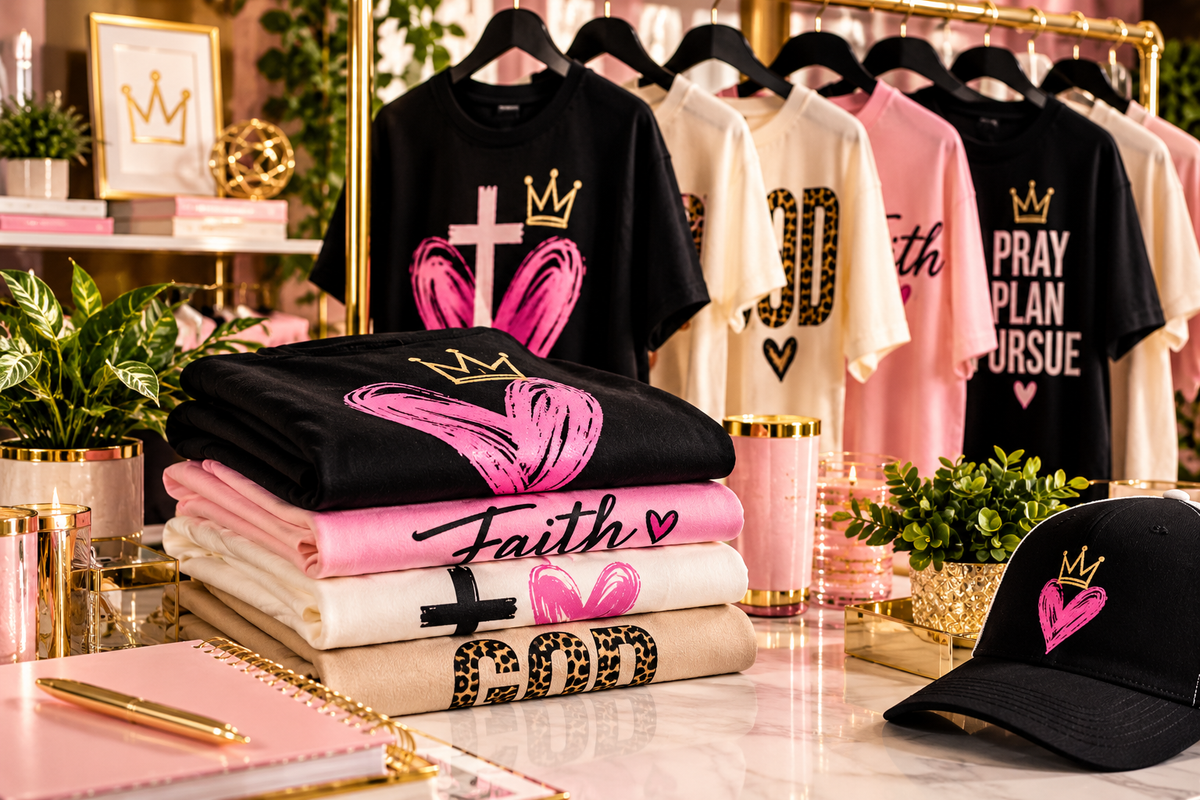 Kingdom Luxe Digitals faith-forward apparel display featuring graphic T-shirts in pink, black, cream, and neutral tones.