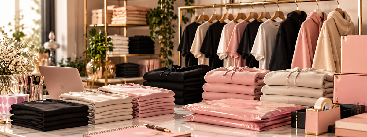 Kingdom Luxe custom merchandise workspace with folded apparel, hoodies, and order packaging.