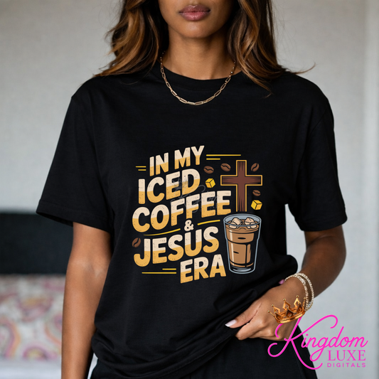 In My Iced Coffee & Jesus Era Shirt | Christian Coffee Lover Tee | Faith Based Graphic Shirt | Cute Christian Shirt