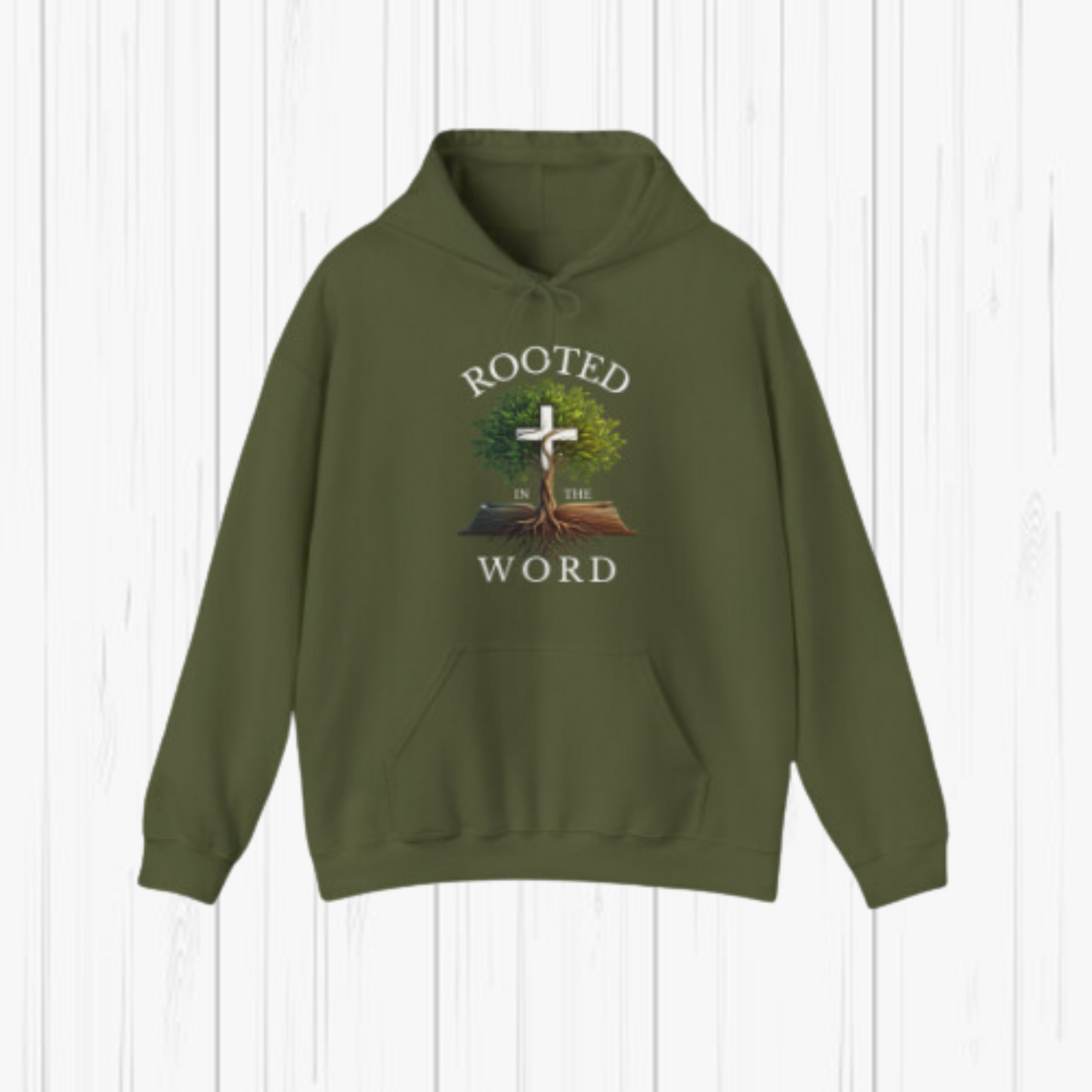 Rooted in the Word Hoodie (White Text)