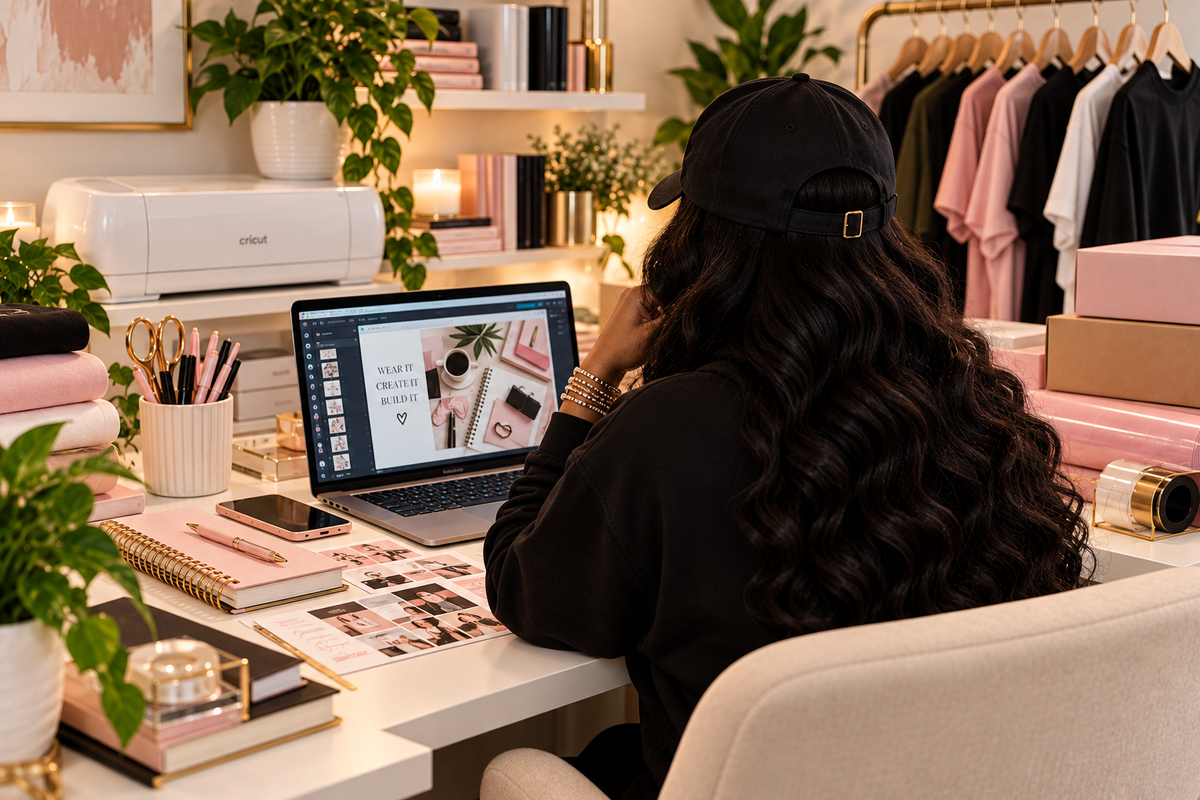 Kingdom Luxe Digitals founder working at a laptop in her creative workspace