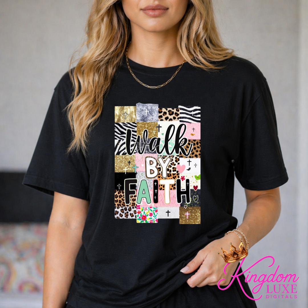 Walk By Faith Christian Graphic Tee | Faith Based Leopard Patchwork Shirt | Inspirational Boutique T-Shirt for Women