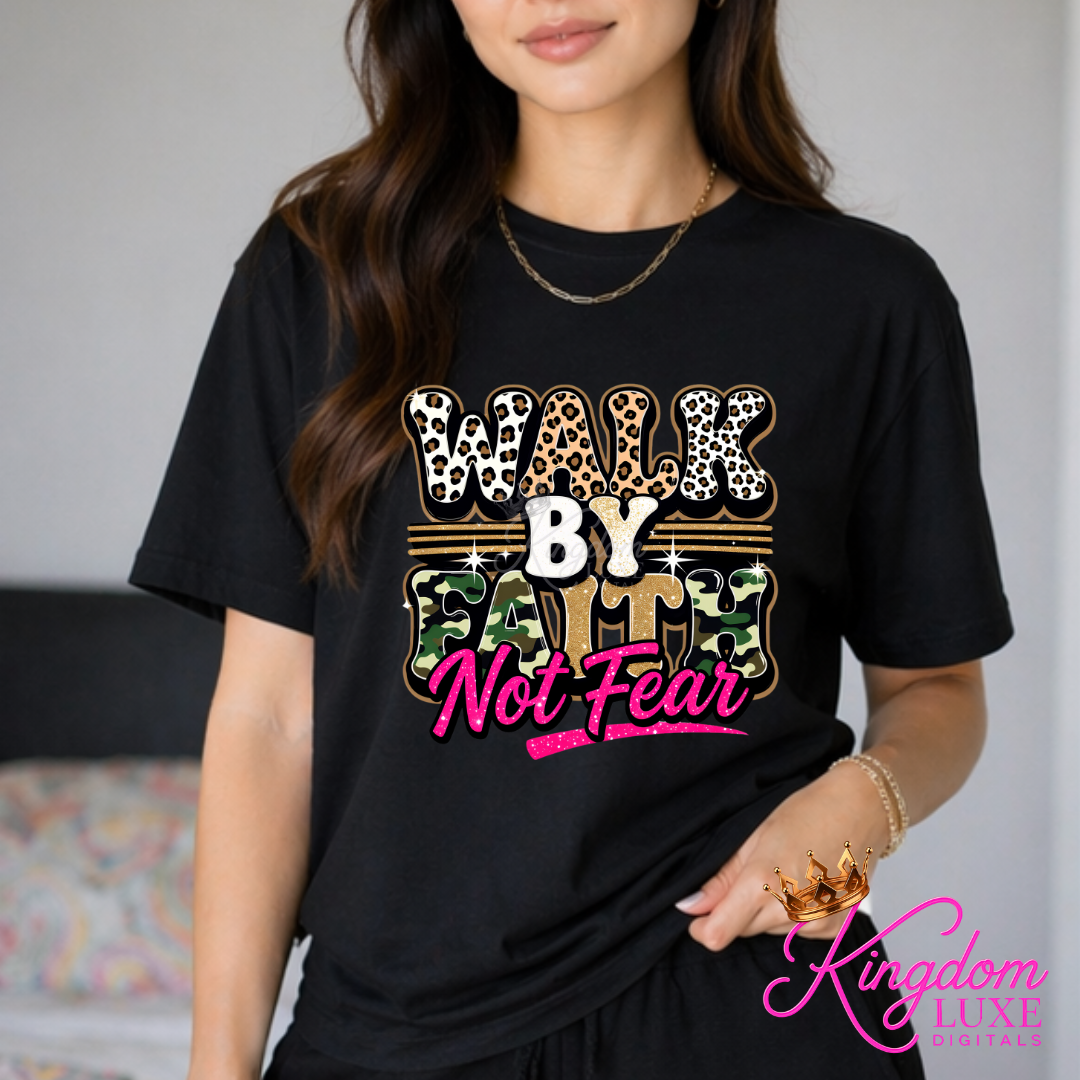 Walk By Faith Not Fear Christian Graphic Tee | Faith Based Women’s Shirt | Leopard Camo Christian T-Shirt | Inspirational Boutique Apparel