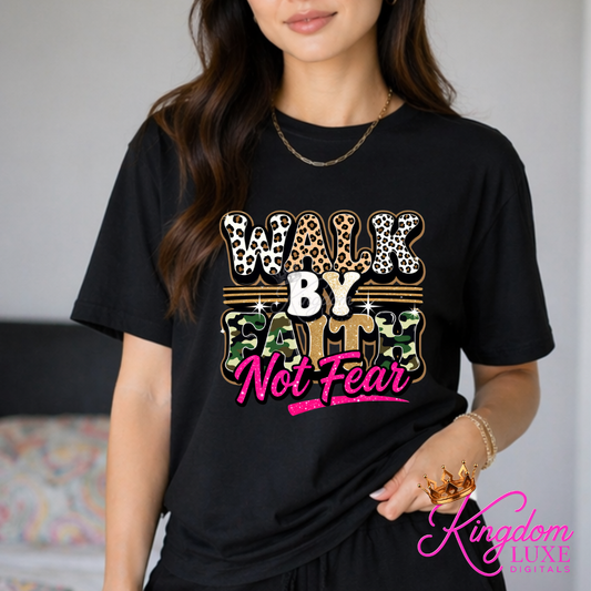 Walk By Faith Not Fear Christian Graphic Tee | Faith Based Women’s Shirt | Leopard Camo Christian T-Shirt | Inspirational Boutique Apparel