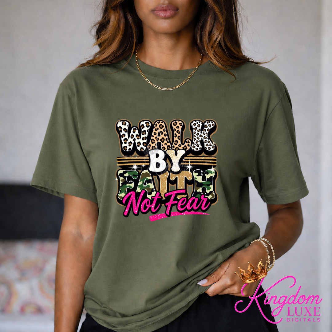 Walk By Faith Not Fear Christian Graphic Tee | Faith Based Women’s Shirt | Leopard Camo Christian T-Shirt | Inspirational Boutique Apparel