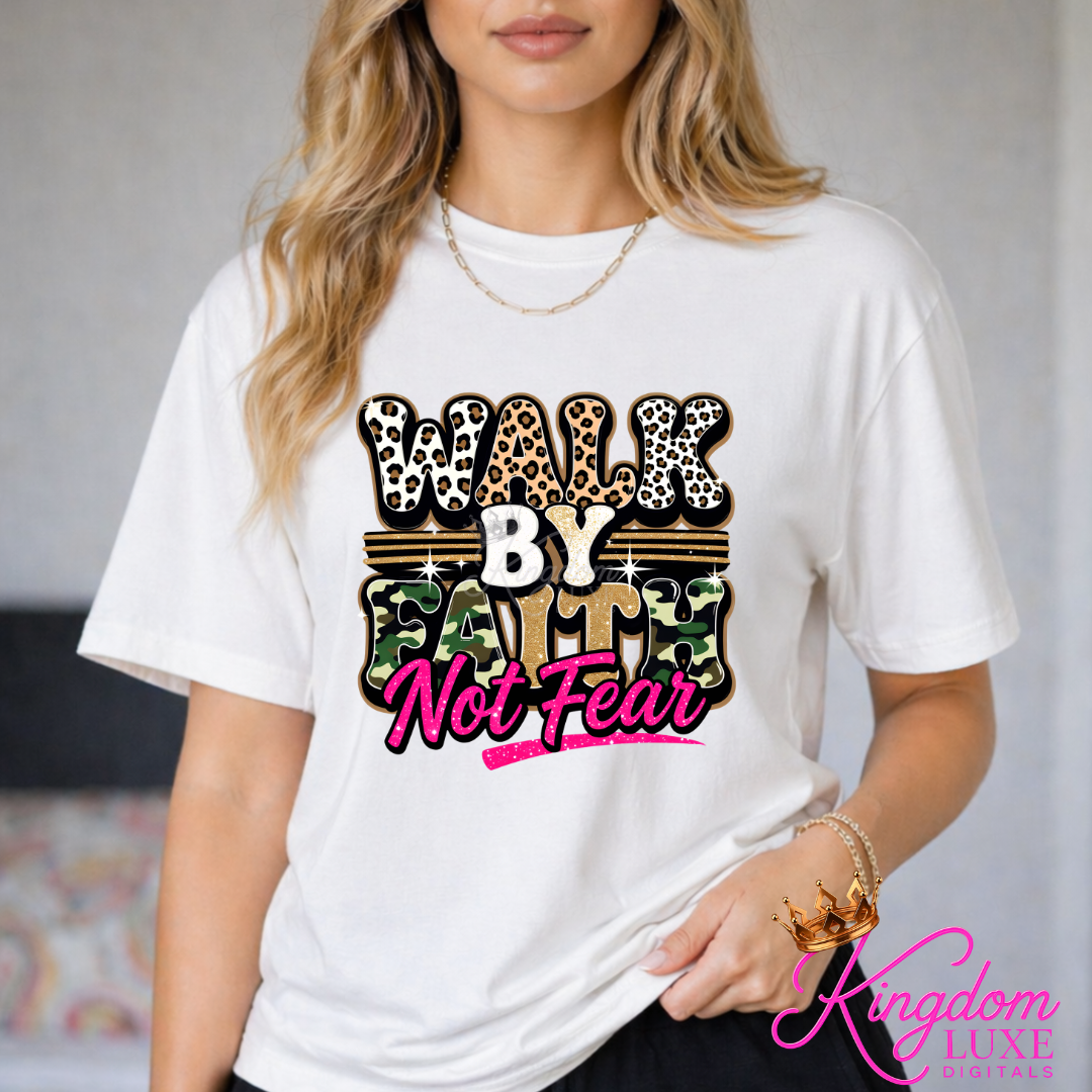 Walk By Faith Not Fear Christian Graphic Tee | Faith Based Women’s Shirt | Leopard Camo Christian T-Shirt | Inspirational Boutique Apparel