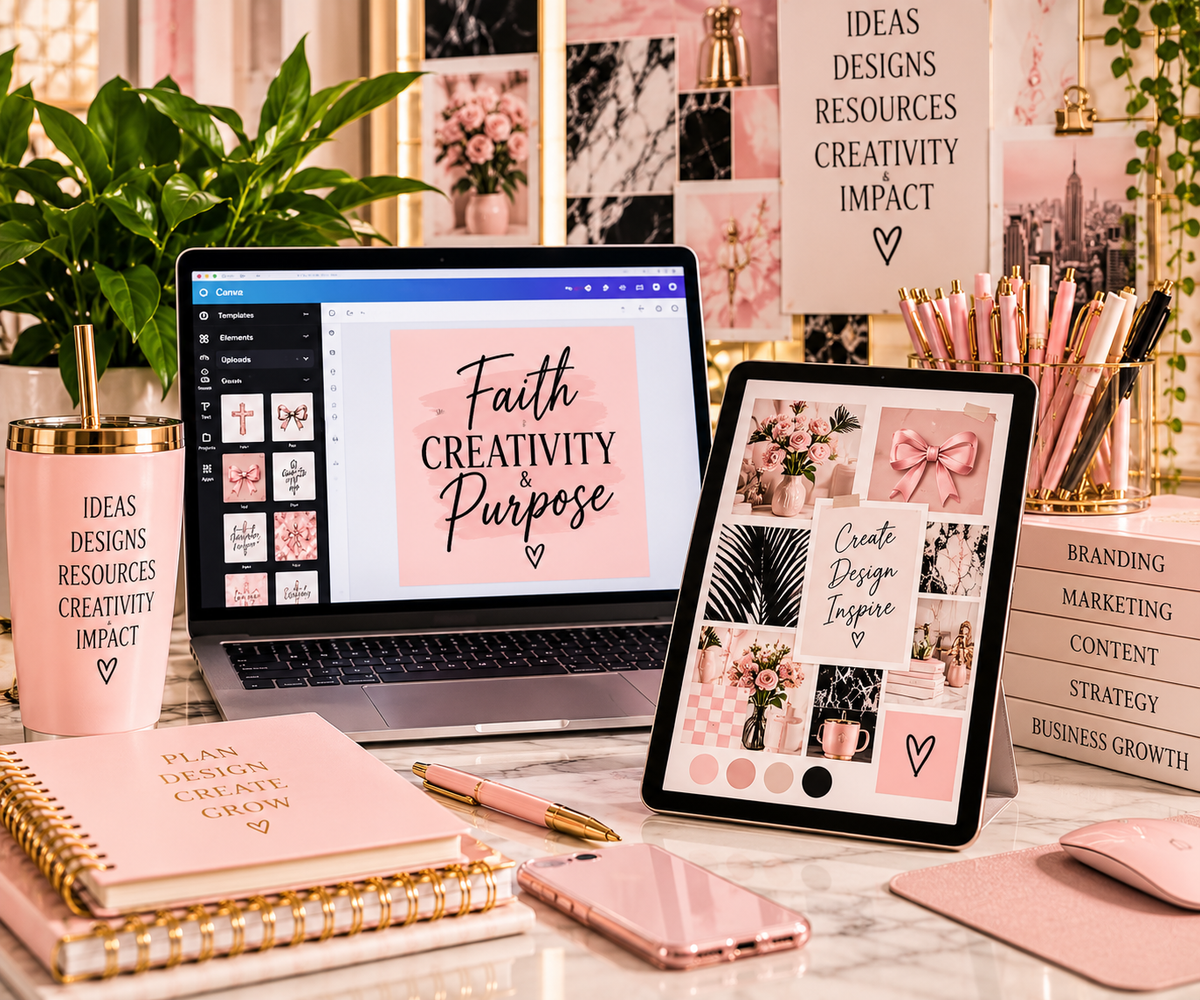 Digital design workspace with laptop, tablet, and creative resources