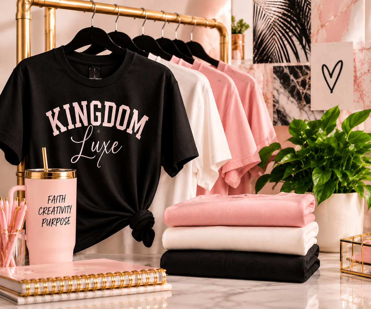 Faith-forward apparel and merchandise styled in a Kingdom Luxe creative workspace